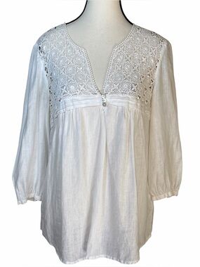 Malvin Anthropologie I Love Linen White Blouse Top Crochet Women’s Size 6 Small